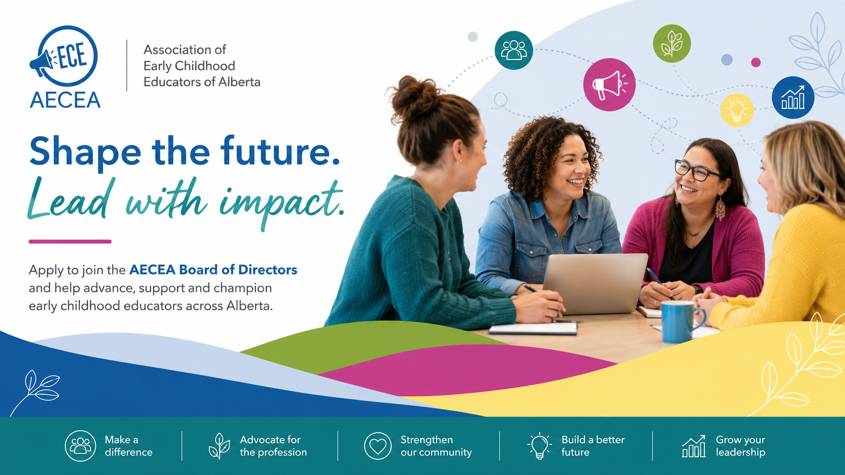 AECEA Board recruitment banner showing diverse professionals collaborating around a table with the message "Shape the future. Lead with impact." and an invitation to join the AECEA Board of Directors.