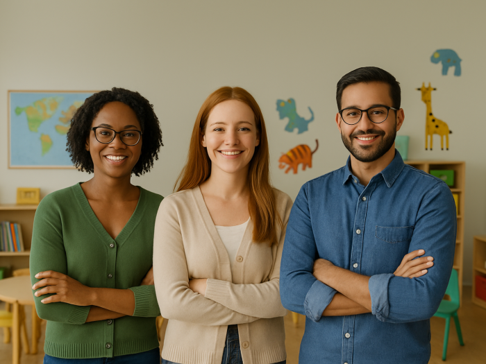 three early childhood educators smiling with their arms crossed